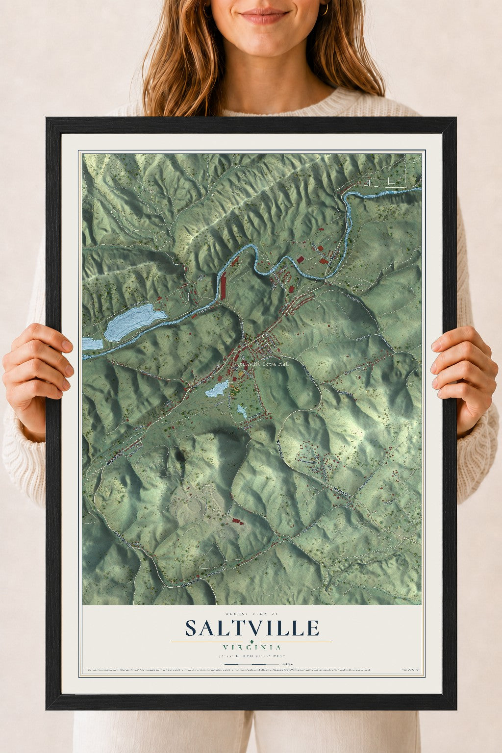 Map of Saltville, Virginia, 18 x 24 inch print in a black wood frame