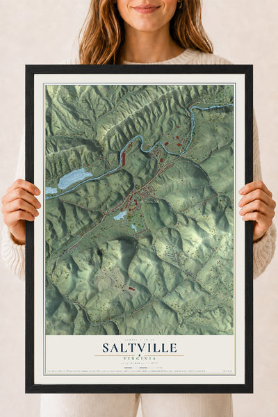Map of Saltville, Virginia, 18 x 24 inch print in a black wood frame