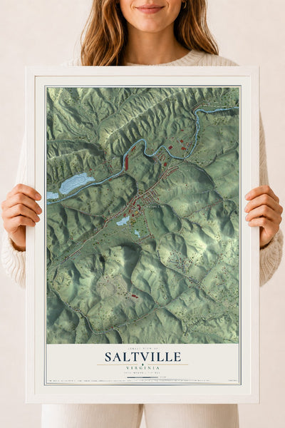 Map of Saltville, Virginia, 18 x 24 inch print in a white wood frame