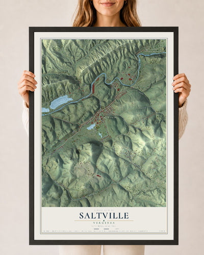 Map of Saltville, Virginia, 24 x 36 inch print in a black wood frame