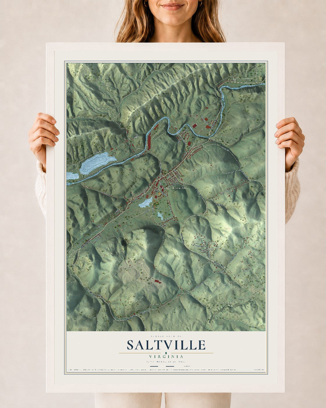Map of Saltville, Virginia, 24 x 36 inch print in a white wood frame