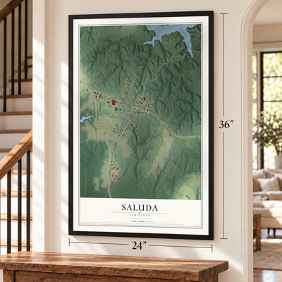 Saluda, Virginia map, 24 x 36 inch print in a black frame by a staircase