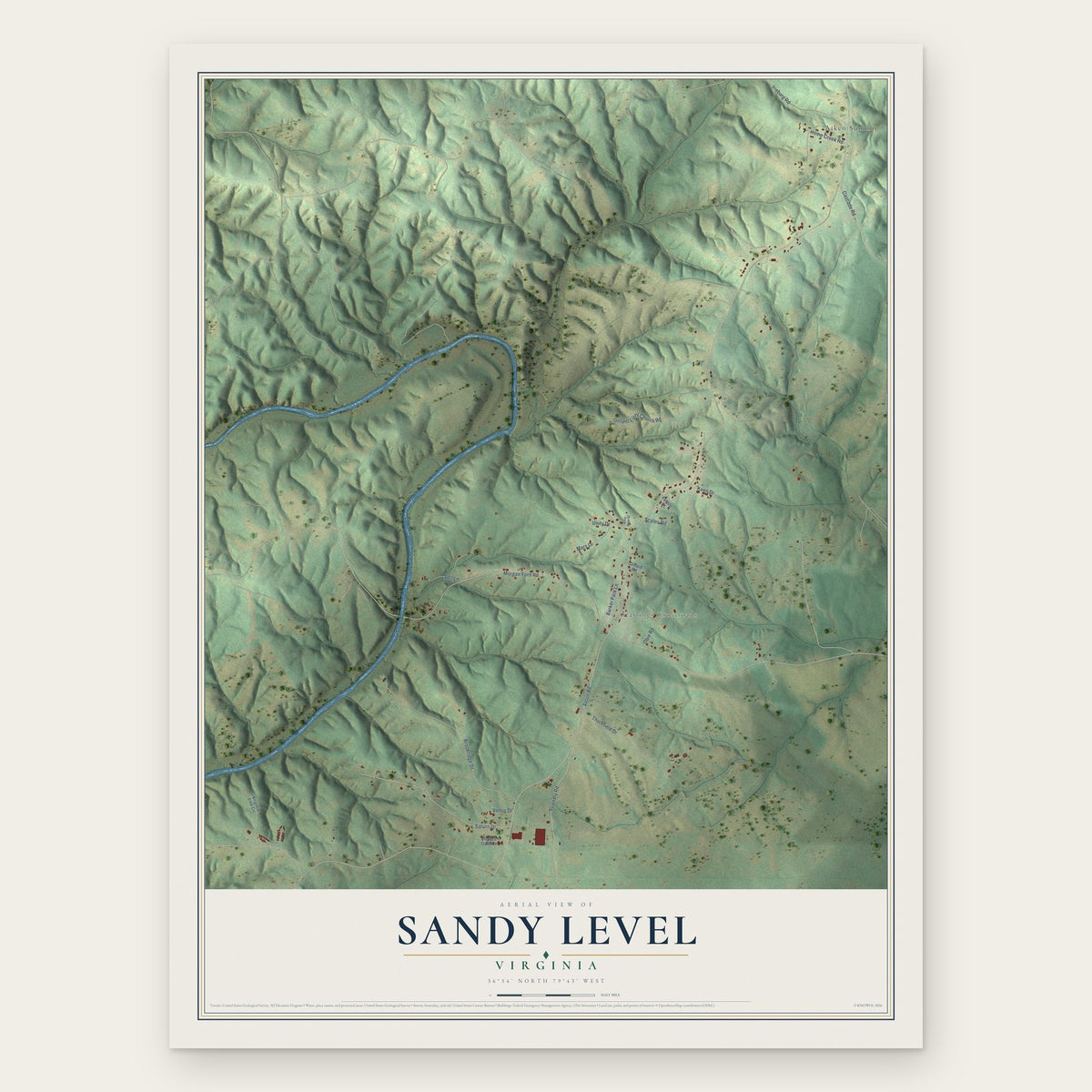 Sandy Level, Virginia map print, the full design