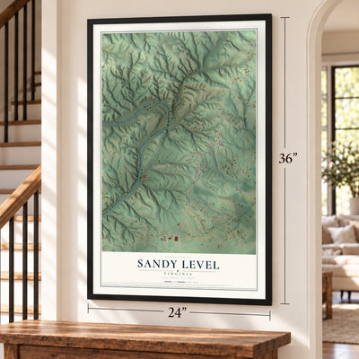 Sandy Level, Virginia map, 24 x 36 inch print in a black frame by a staircase