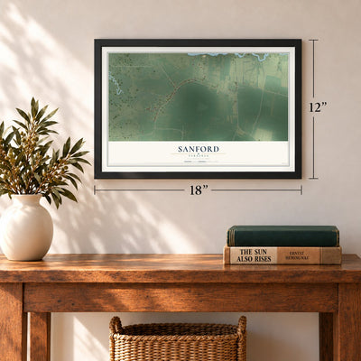 Sanford, Virginia map, 12 x 18 inch print in a black frame in an entryway