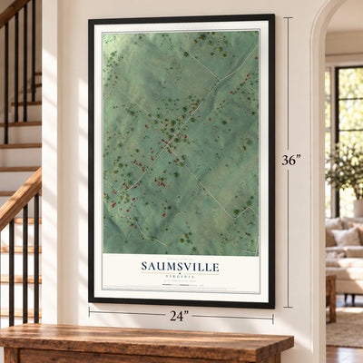 Saumsville, Virginia map, 24 x 36 inch print in a black frame by a staircase