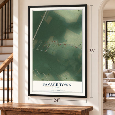 Savage Town, Virginia map, 24 x 36 inch print in a black frame by a staircase
