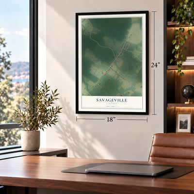 Savageville, Virginia map, 18 x 24 inch print in a black frame in a home office