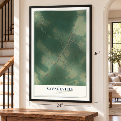 Savageville, Virginia map, 24 x 36 inch print in a black frame by a staircase