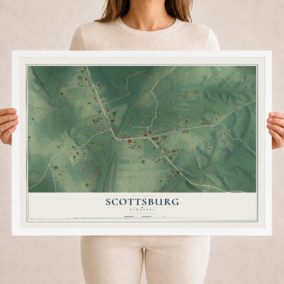 Map of Scottsburg, Virginia, 18 x 24 inch print in a white wood frame