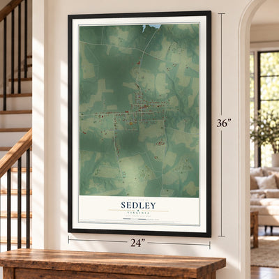 Sedley, Virginia map, 24 x 36 inch print in a black frame by a staircase