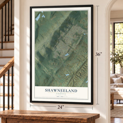 Shawneeland, Virginia map, 24 x 36 inch print in a black frame by a staircase