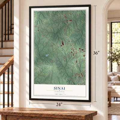 Sinai, Virginia map, 24 x 36 inch print in a black frame by a staircase
