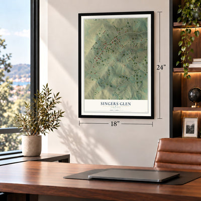 Singers Glen, Virginia map, 18 x 24 inch print in a black frame in a home office