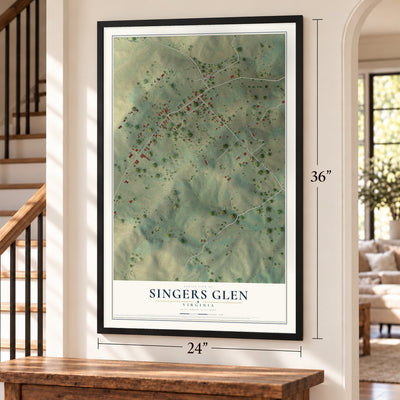 Singers Glen, Virginia map, 24 x 36 inch print in a black frame by a staircase