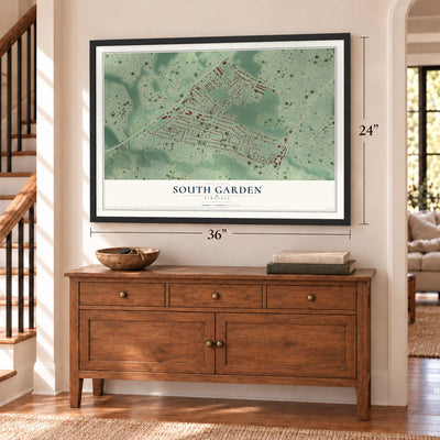 South Garden, Virginia map, 24 x 36 inch print in a black frame above a dresser by a staircase