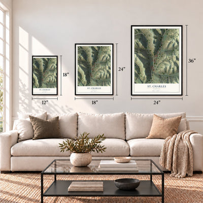 St. Charles, Virginia map in 12 x 18, 18 x 24 and 24 x 36 inch sizes above a sofa