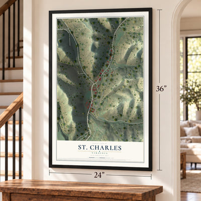 St. Charles, Virginia map, 24 x 36 inch print in a black frame by a staircase