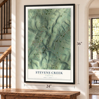 Stevens Creek, Virginia map, 24 x 36 inch print in a black frame by a staircase