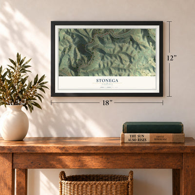Stonega, Virginia map, 12 x 18 inch print in a black frame in an entryway