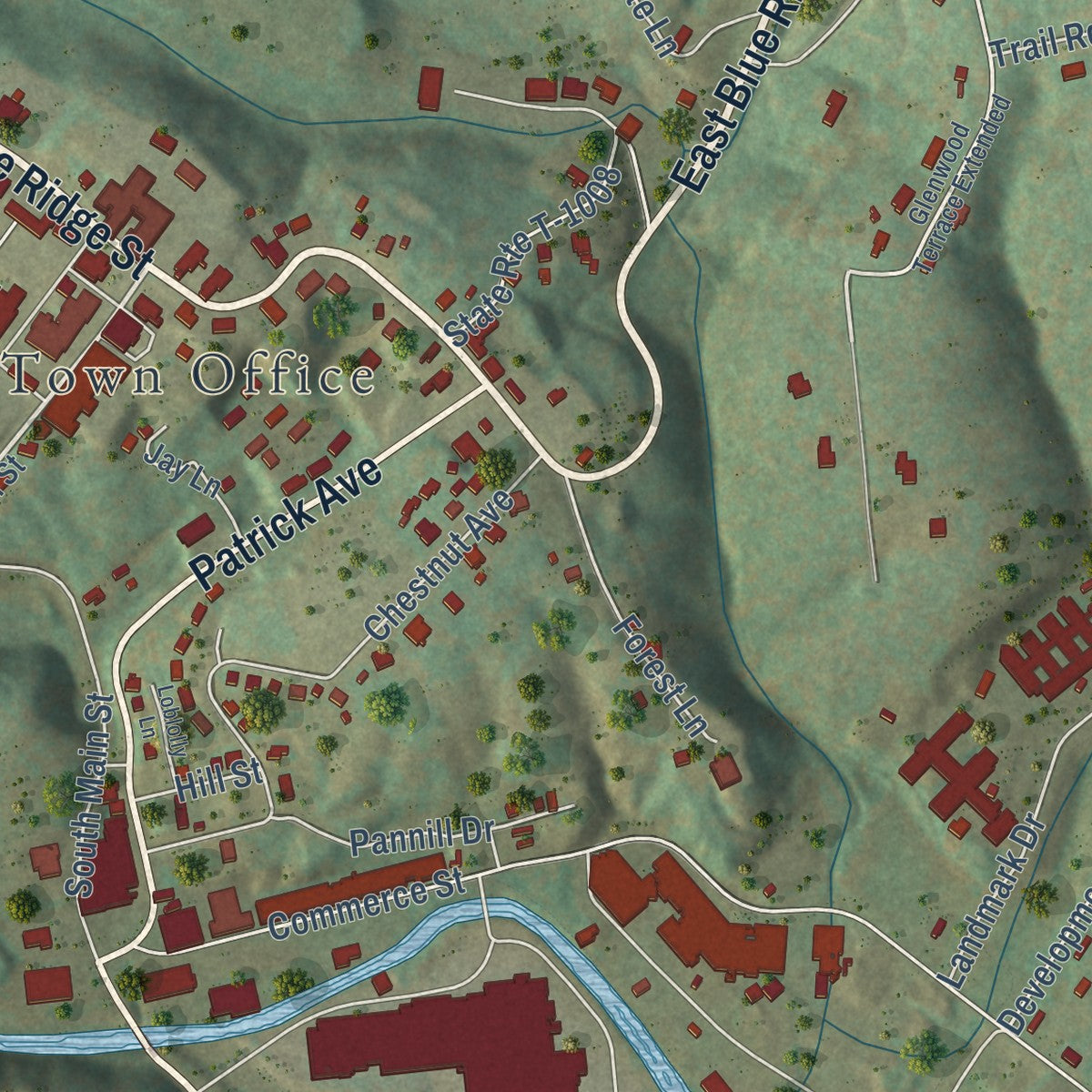Close-up of the map of Stuart, Virginia print showing street and building detail