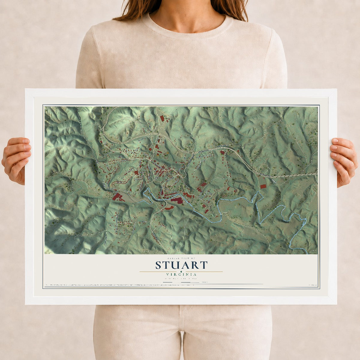 Map of Stuart, Virginia, 12 x 18 inch print in a white wood frame