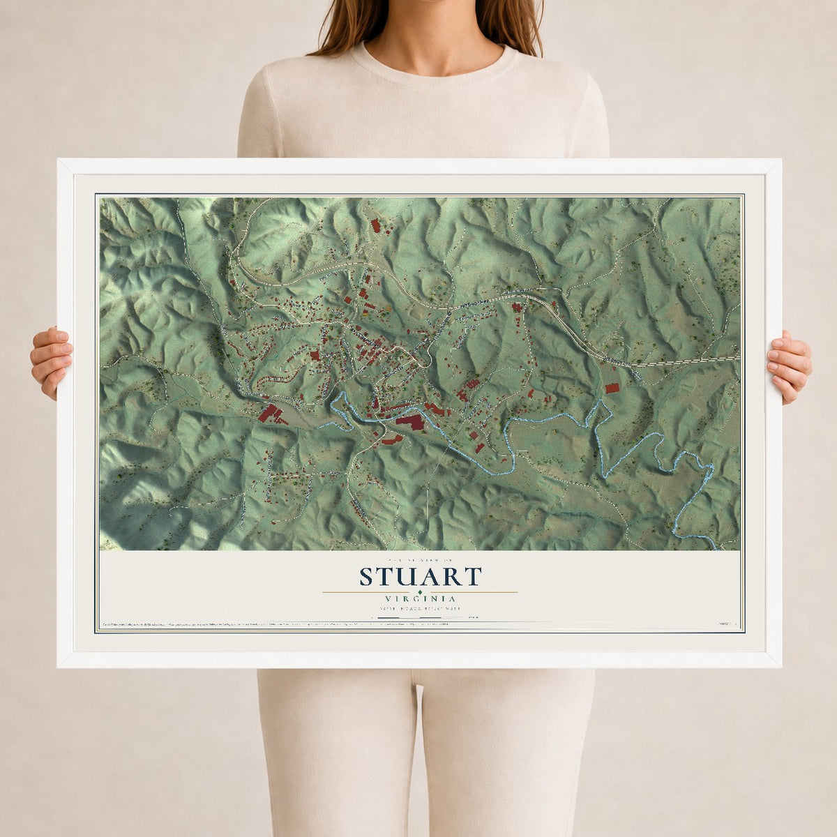 Map of Stuart, Virginia, 24 x 36 inch print in a white wood frame