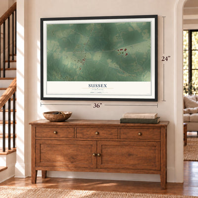 Sussex, Virginia map, 24 x 36 inch print in a black frame above a dresser by a staircase