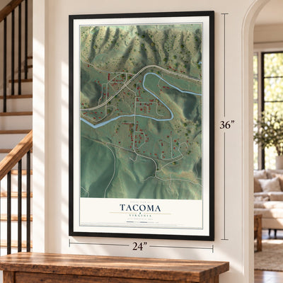 Tacoma, Virginia map, 24 x 36 inch print in a black frame by a staircase