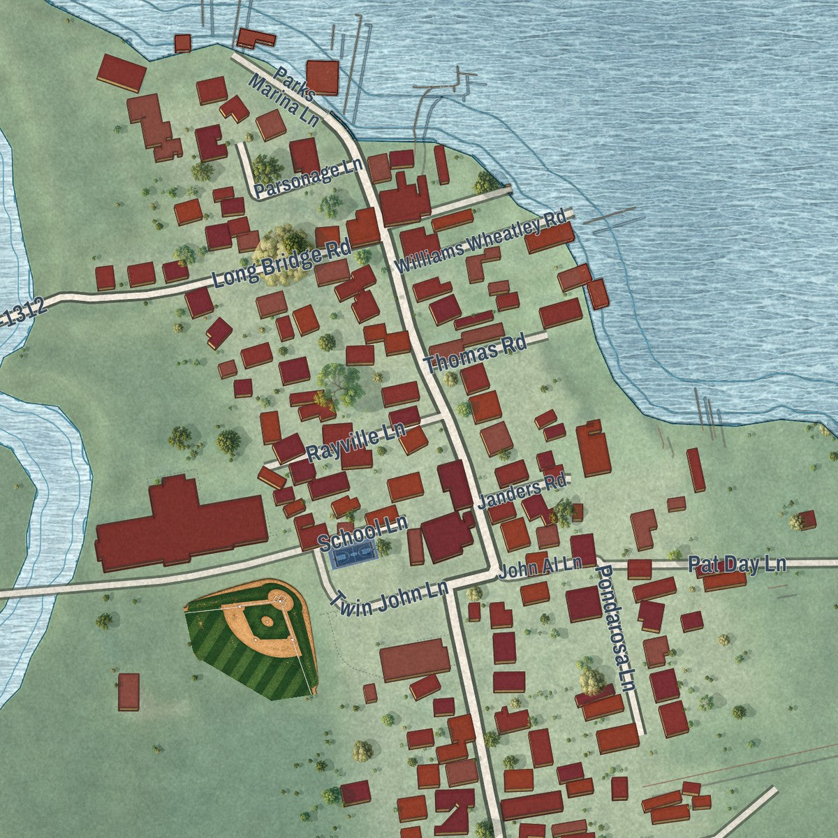 Close-up of the map of Tangier, Virginia print showing street and building detail