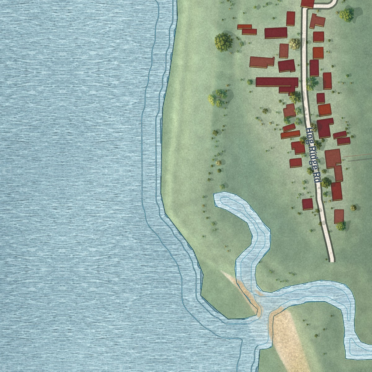 Second close-up of the map of Tangier, Virginia print showing more streets and buildings