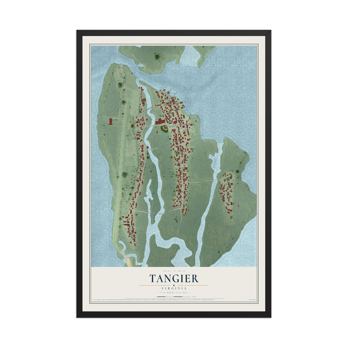 Map of Tangier, Virginia, 12 x 18 inch print in a black wood frame
