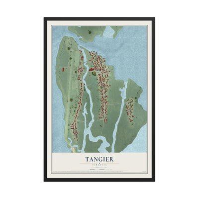 Map of Tangier, Virginia, 12 x 18 inch print in a black wood frame