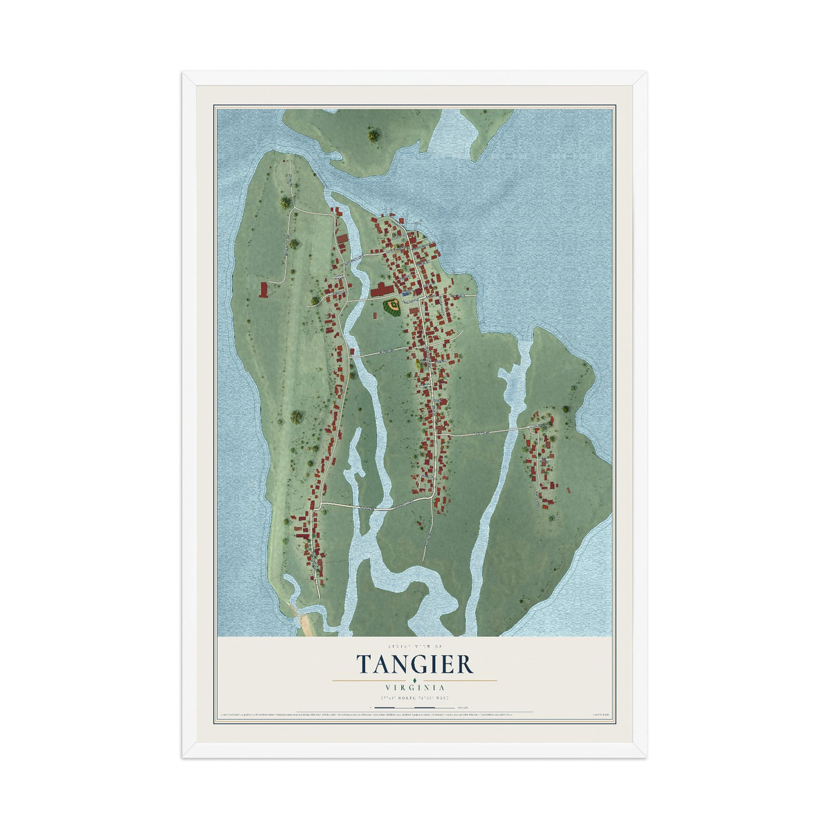 Map of Tangier, Virginia, 12 x 18 inch print in a white wood frame