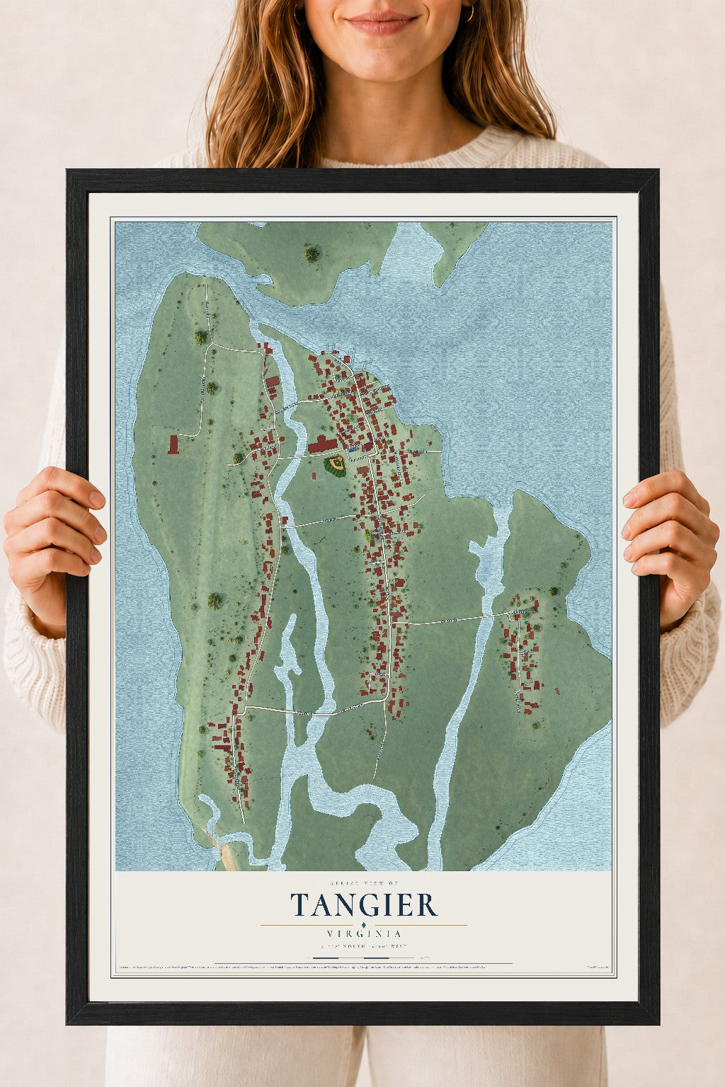 Map of Tangier, Virginia, 18 x 24 inch print in a black wood frame
