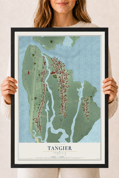 Map of Tangier, Virginia, 18 x 24 inch print in a black wood frame