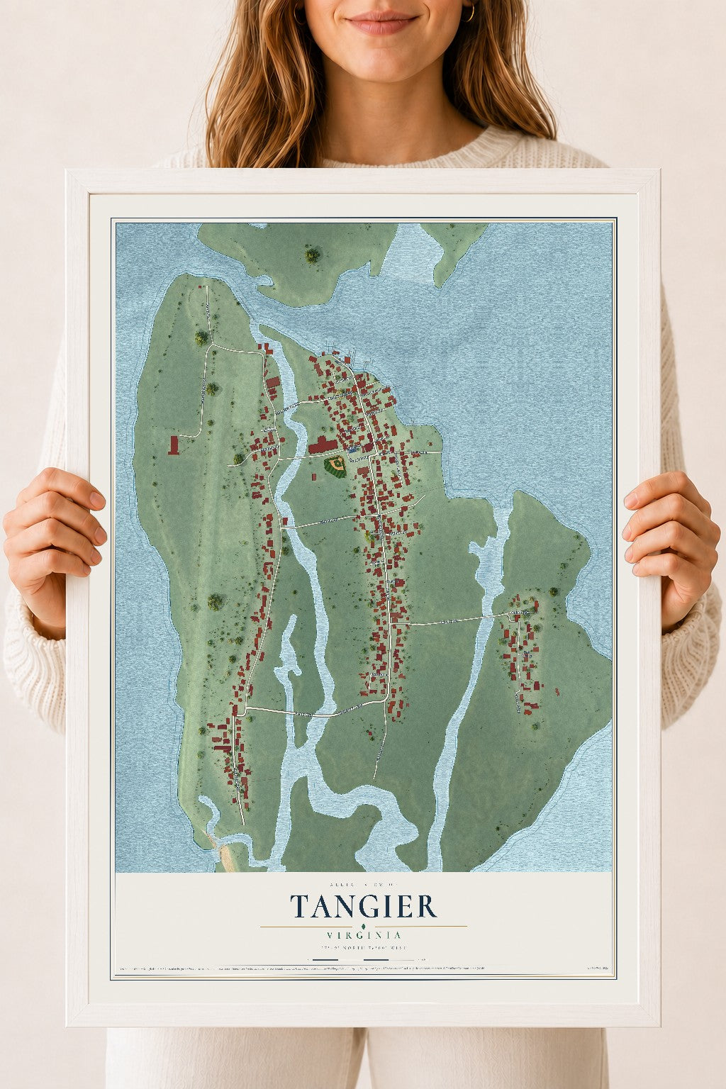 Map of Tangier, Virginia, 18 x 24 inch print in a white wood frame