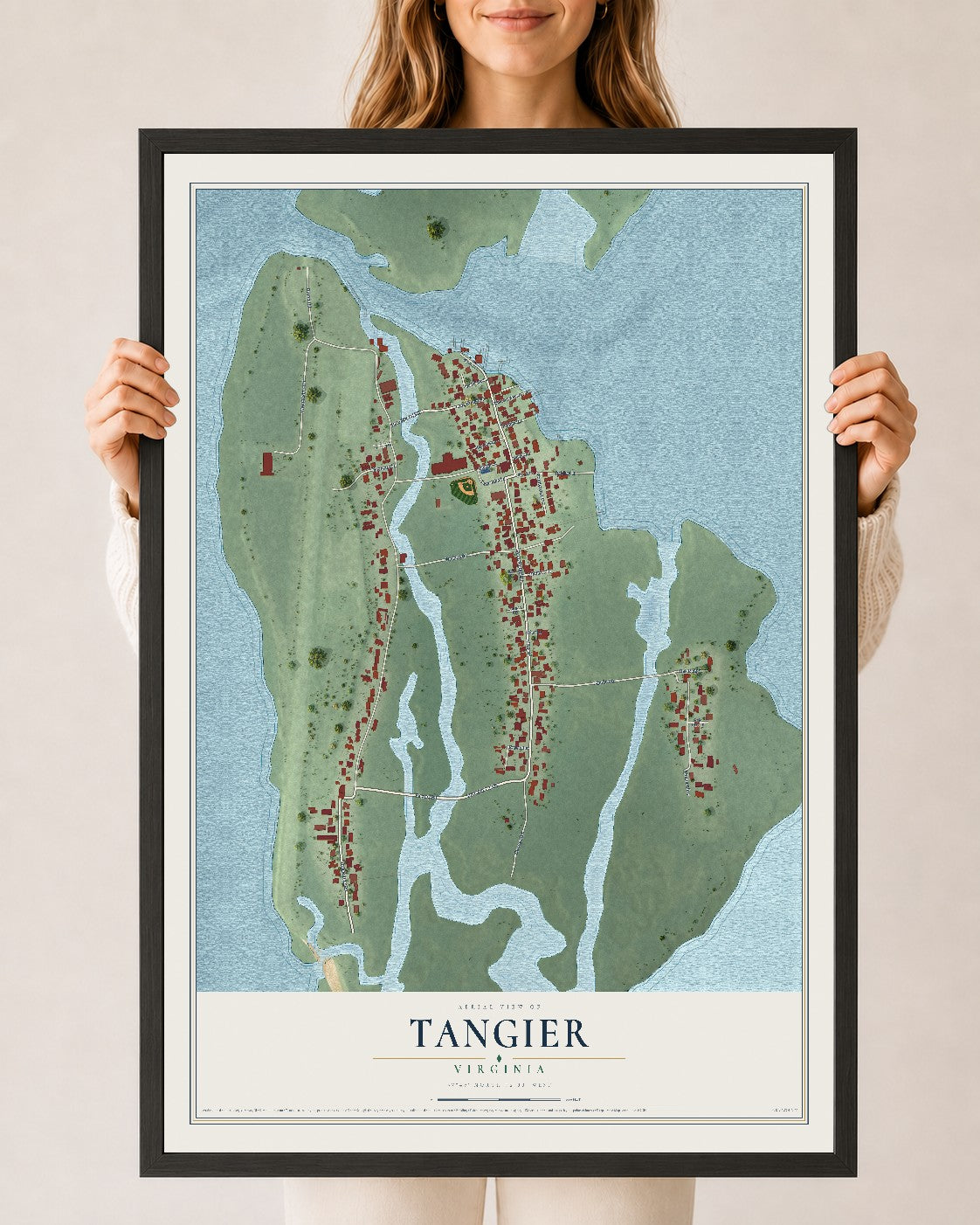 Map of Tangier, Virginia, 24 x 36 inch print in a black wood frame