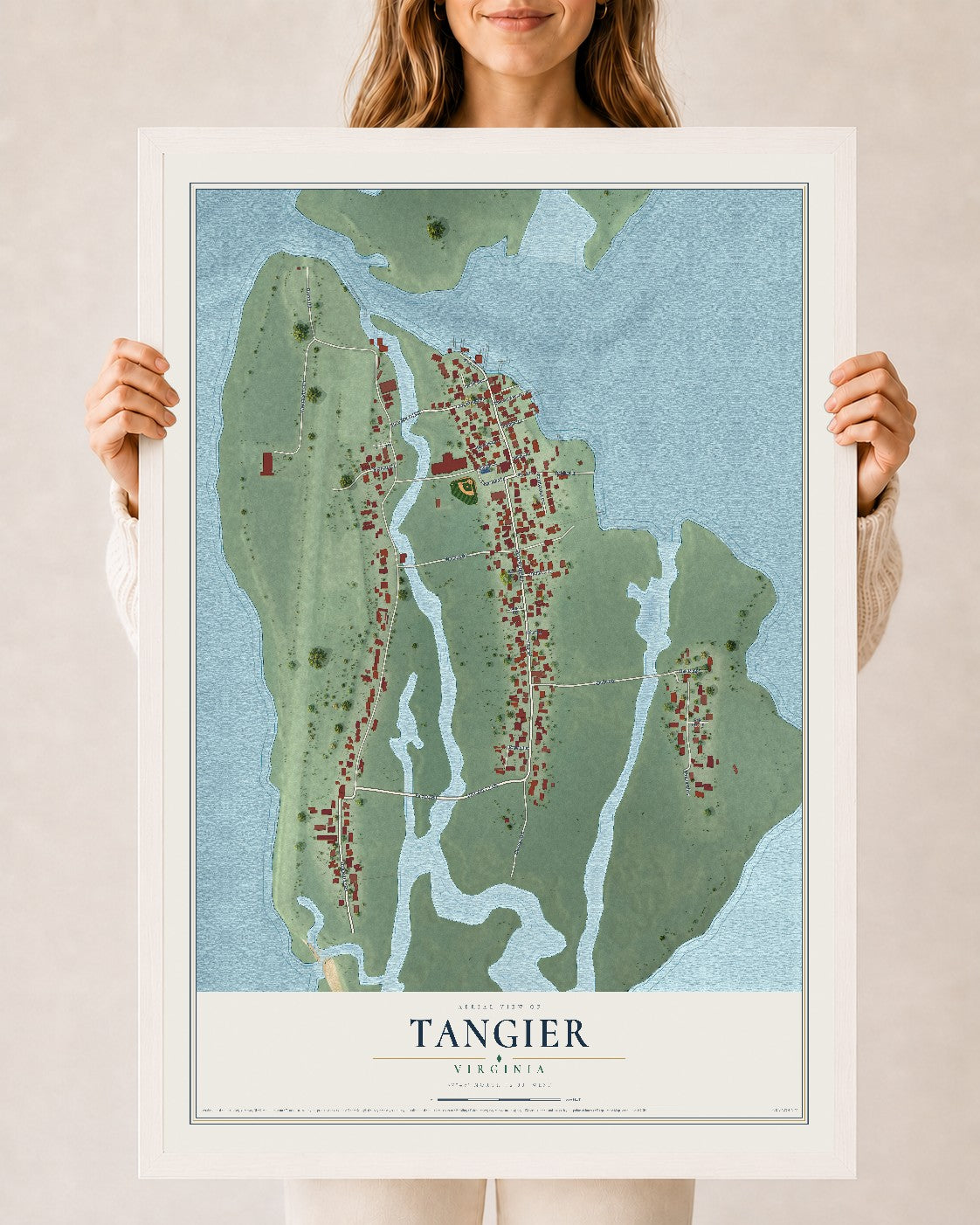 Map of Tangier, Virginia, 24 x 36 inch print in a white wood frame