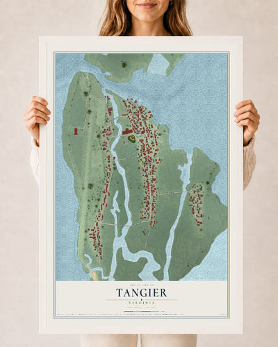 Map of Tangier, Virginia, 24 x 36 inch print in a white wood frame