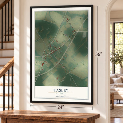 Tasley, Virginia map, 24 x 36 inch print in a black frame by a staircase