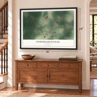 Temperanceville, Virginia map, 24 x 36 inch print in a black frame above a dresser by a staircase