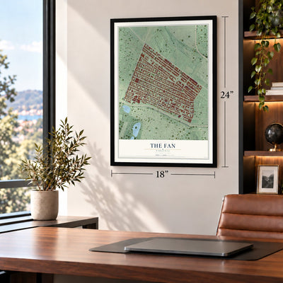 The Fan, Virginia map, 18 x 24 inch print in a black frame in a home office