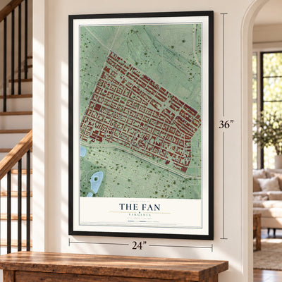 The Fan, Virginia map, 24 x 36 inch print in a black frame by a staircase