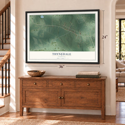 Thynedale, Virginia map, 24 x 36 inch print in a black frame above a dresser by a staircase