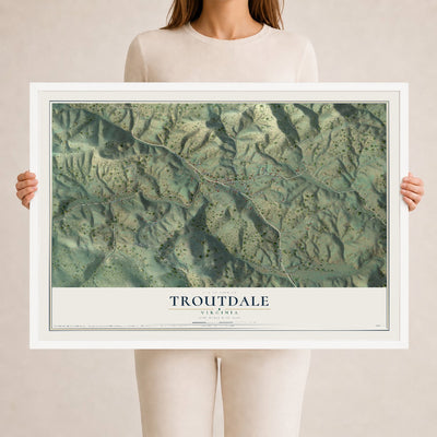 Map of Troutdale, Virginia, 24 x 36 inch print in a white wood frame