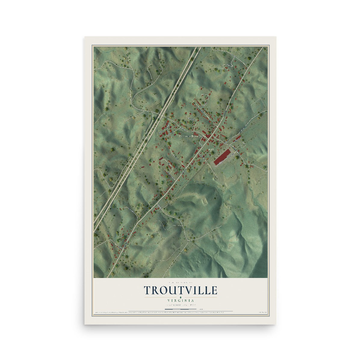 Map of Troutville, Virginia, 12 x 18 inch unframed archival matte print