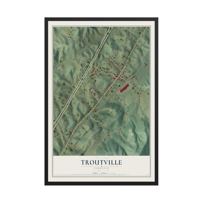 Map of Troutville, Virginia, 12 x 18 inch print in a black wood frame