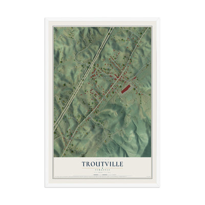 Map of Troutville, Virginia, 12 x 18 inch print in a white wood frame