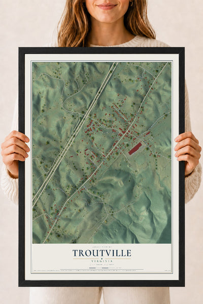 Map of Troutville, Virginia, 18 x 24 inch print in a black wood frame
